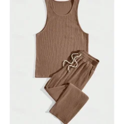 Men's T-shirt Suits Undershirt Shirt and Pant Sets 2 Pieces Outfits Sleeveless Crewneck Summer Plain Fashion Casual 2 Piece Vacation Daily Wear Going out Black Brown Khaki Top Tee for Men