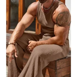 Men's T-shirt Suits Undershirt Shirt and Pant Sets 2 Pieces Outfits Sleeveless Crewneck Summer Plain Fashion Casual 2 Piece Vacation Daily Wear Going out Black Brown Khaki Top Tee for Men
