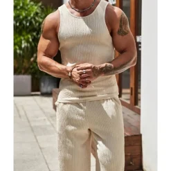 Men's T-shirt Suits Undershirt Shirt and Pant Sets 2 Pieces Outfits Sleeveless Crewneck Summer Plain Fashion Casual 2 Piece Vacation Daily Wear Going out Black Brown Khaki Top Tee for Men