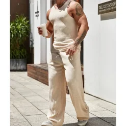 Men's T-shirt Suits Undershirt Shirt and Pant Sets 2 Pieces Outfits Sleeveless Crewneck Summer Plain Fashion Casual 2 Piece Vacation Daily Wear Going out Black Brown Khaki Top Tee for Men