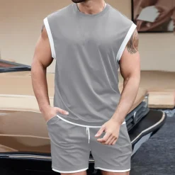 Men's T-shirt Suits Undershirt 2 Pieces Outfits Tee & Shorts Sleeveless Crewneck Summer Solid / Plain Color Fashion Casual 2 Piece Vacation Daily Wear Going out Black White Brown Top Tee for Men