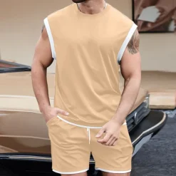 Men's T-shirt Suits Undershirt 2 Pieces Outfits Tee & Shorts Sleeveless Crewneck Summer Solid / Plain Color Fashion Casual 2 Piece Vacation Daily Wear Going out Black White Brown Top Tee for Men