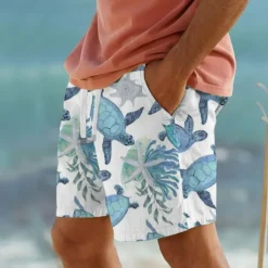 Men's Turtles Sea Creatures Shorts Cotton Linen Shorts Mid Waist Hawaiian Vacation Dailywear Holiday Pocket Drawstring Elastic Waist Designer Clothing Apparel