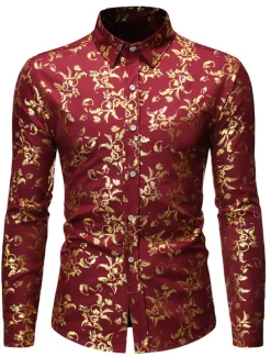 Men's Tuxedo Shirts Floral Outdoor Party Wine Black White Dark Blue Long Sleeve Turndown Spring Fall Clothing Apparel Print