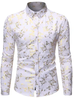 Men's Tuxedo Shirts Floral Outdoor Party Wine Black White Dark Blue Long Sleeve Turndown Spring Fall Clothing Apparel Print