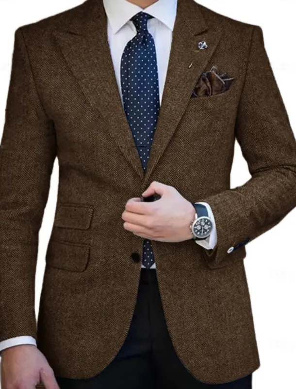 Men's Tweed Blazer Closure collar Retro Vintage Herringbone Blazer Brown khaki Dark Grey Plus Size Single Breasted Two-buttons