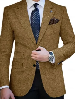 Men's Tweed Blazer Closure collar Retro Vintage Herringbone Blazer Brown khaki Dark Grey Plus Size Single Breasted Two-buttons