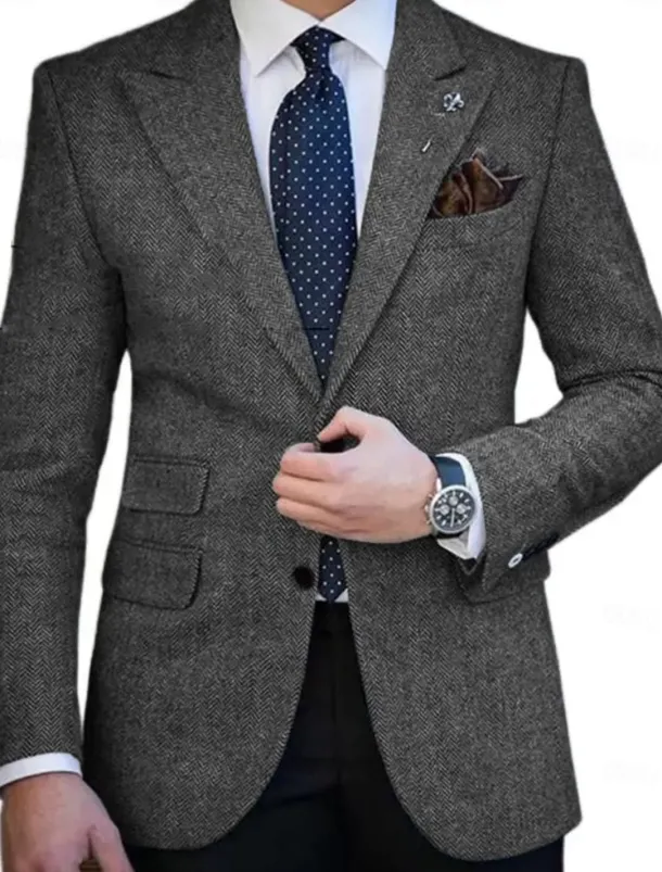 Men's Tweed Blazer Closure collar Retro Vintage Herringbone Blazer Brown khaki Dark Grey Plus Size Single Breasted Two-buttons