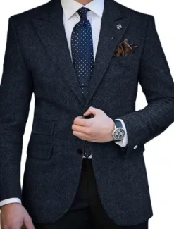 Men's Tweed Blazer Closure collar Retro Vintage Herringbone Blazer Brown khaki Dark Grey Plus Size Single Breasted Two-buttons