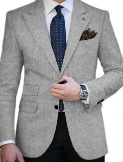 Men's Tweed Blazer Closure collar Retro Vintage Herringbone Blazer Brown khaki Dark Grey Plus Size Single Breasted Two-buttons