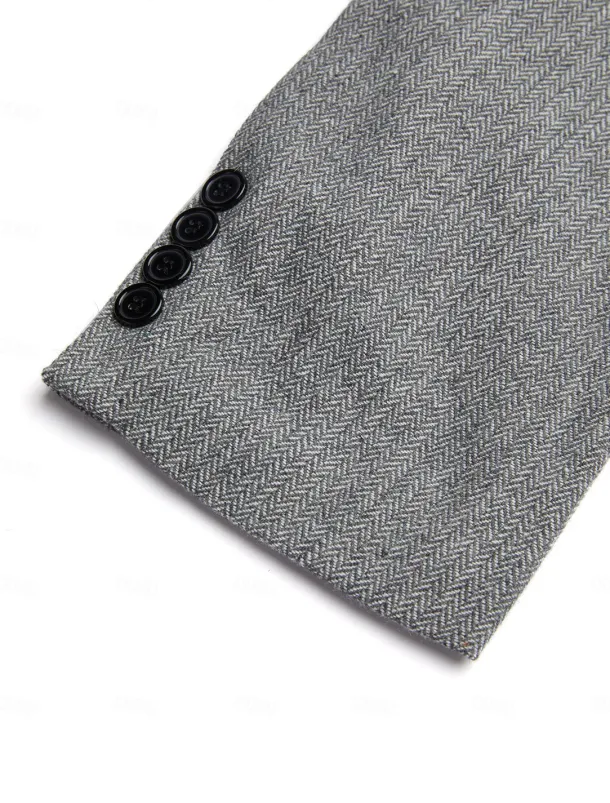 Men's Tweed Blazer Closure collar Retro Vintage Herringbone Blazer Brown khaki Dark Grey Plus Size Single Breasted Two-buttons