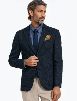 Men's Tweed Blazer Herringbone Blazer Jacket Dark Blue Wool Retro Vintage Classic Standard Fit Single Breasted Two-buttons