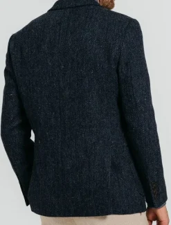 Men's Tweed Blazer Herringbone Blazer Jacket Dark Blue Wool Retro Vintage Classic Standard Fit Single Breasted Two-buttons