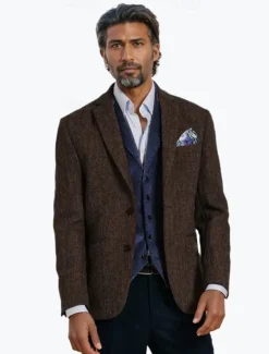Men's Tweed Blazer Herringbone Blazer Jacket Brown Retro Vintage Classic Standard Fit Single Breasted Two-buttons