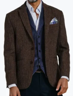 Men's Tweed Blazer Herringbone Blazer Jacket Brown Retro Vintage Classic Standard Fit Single Breasted Two-buttons