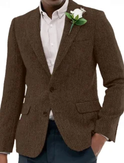 Men's Tweed Blazer Notch Collar Vintage Herringbone Blazer Burgundy Brown Green Standard Fit Single Breasted Two-buttons