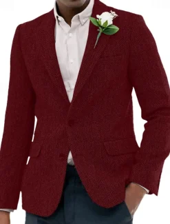 Men's Tweed Blazer Notch Collar Vintage Herringbone Blazer Burgundy Brown Green Standard Fit Single Breasted Two-buttons