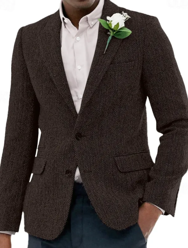 Men's Tweed Blazer Notch Collar Vintage Herringbone Blazer Burgundy Brown Green Standard Fit Single Breasted Two-buttons