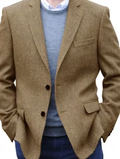 Men's Tweed Blazer Notch Collar Retro Vintage Herringbone Blazer Black khaki Dark Blue Plus Size Single Breasted Two-buttons
