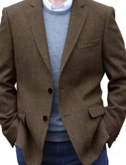 Men's Tweed Blazer Notch Collar Retro Vintage Herringbone Blazer Black khaki Dark Blue Plus Size Single Breasted Two-buttons