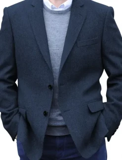 Men's Tweed Blazer Notch Collar Retro Vintage Herringbone Blazer Black khaki Dark Blue Plus Size Single Breasted Two-buttons