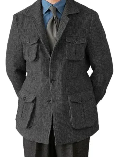 Men's Tweed Blazer Notch Collar Retro Vintage Herringbone Blazer Navy Blue Brown Dark Grey Standard Fit Single Breasted Three-buttons