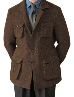 Men's Tweed Blazer Notch Collar Retro Vintage Herringbone Blazer Navy Blue Brown Dark Grey Standard Fit Single Breasted Three-buttons