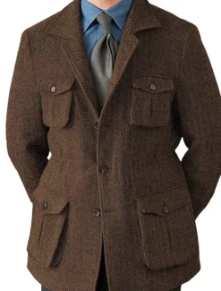 Men's Tweed Blazer Notch Collar Retro Vintage Herringbone Blazer Navy Blue Brown Dark Grey Standard Fit Single Breasted Three-buttons