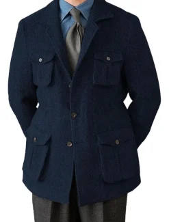Men's Tweed Blazer Notch Collar Retro Vintage Herringbone Blazer Navy Blue Brown Dark Grey Standard Fit Single Breasted Three-buttons