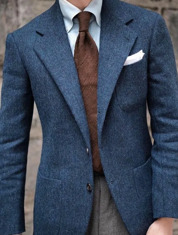 Men's Tweed Blazer Notch Collar Retro Vintage Herringbone Blazer Blue Plus Size Single Breasted Two-buttons