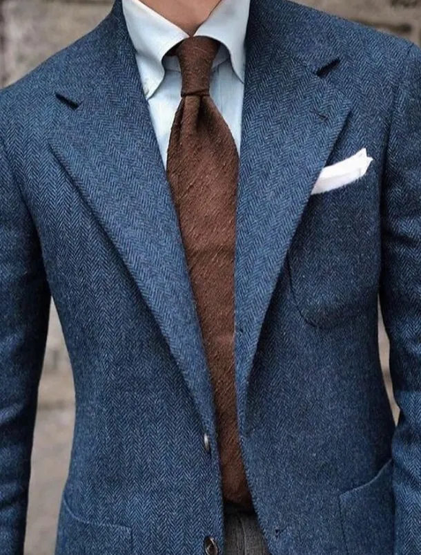 Men's Tweed Blazer Notch Collar Retro Vintage Herringbone Blazer Blue Plus Size Single Breasted Two-buttons