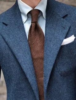 Men's Tweed Blazer Notch Collar Retro Vintage Herringbone Blazer Blue Plus Size Single Breasted Two-buttons