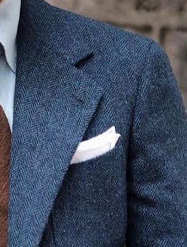 Men's Tweed Blazer Notch Collar Retro Vintage Herringbone Blazer Blue Plus Size Single Breasted Two-buttons