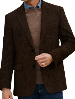 Men's Tweed Blazer Wool Herringbone Blazer Retro Vintage Classic Brown Standard Fit Single Breasted Two-buttons