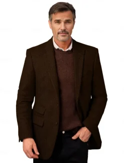 Men's Tweed Blazer Wool Herringbone Blazer Jacket Retro Vintage Classic Office Blazer Navy Blue Brown Standard Fit Single Breasted Two-buttons
