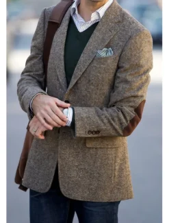Men's Tweed Herringbone Blazer Jacket Vintage Plus Size Regular Tailored Fit Single Breasted Two-buttons Green khaki