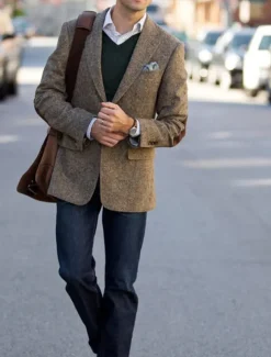 Men's Tweed Herringbone Blazer Jacket Vintage Plus Size Regular Tailored Fit Single Breasted Two-buttons Green khaki