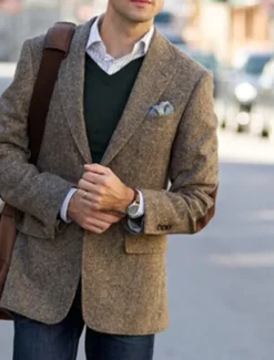 Men's Tweed Herringbone Blazer Jacket Vintage Plus Size Regular Tailored Fit Single Breasted Two-buttons Green khaki