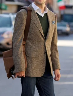 Men's Tweed Herringbone Blazer Jacket Vintage Plus Size Regular Tailored Fit Single Breasted Two-buttons Green khaki