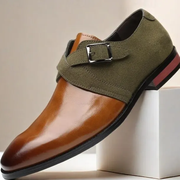 Men's Two-Tone Faux Leather and Suede Monk Strap Shoes – Elegant Buckle Dress Shoes for Formal Occasions