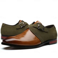 Men's Two-Tone Faux Leather and Suede Monk Strap Shoes – Elegant Buckle Dress Shoes for Formal Occasions