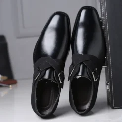 Men's Two-Tone Faux Leather and Suede Monk Strap Shoes – Elegant Buckle Dress Shoes for Formal Occasions