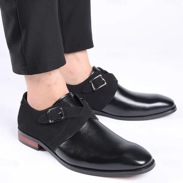 Men's Two-Tone Faux Leather and Suede Monk Strap Shoes – Elegant Buckle Dress Shoes for Formal Occasions