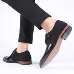 Men's Two-Tone Faux Leather and Suede Monk Strap Shoes – Elegant Buckle Dress Shoes for Formal Occasions