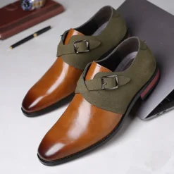 Men's Two-Tone Faux Leather and Suede Monk Strap Shoes – Elegant Buckle Dress Shoes for Formal Occasions
