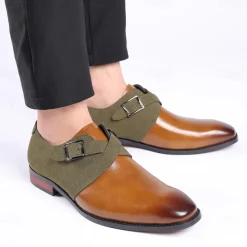 Men's Two-Tone Faux Leather and Suede Monk Strap Shoes – Elegant Buckle Dress Shoes for Formal Occasions