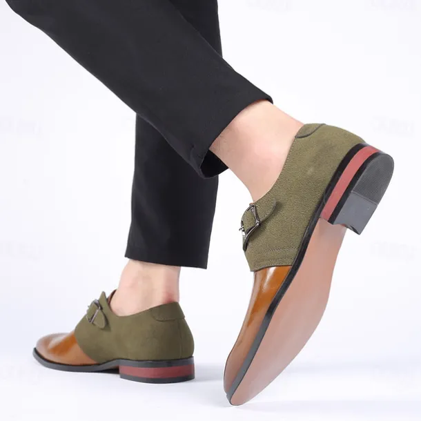 Men's Two-Tone Faux Leather and Suede Monk Strap Shoes – Elegant Buckle Dress Shoes for Formal Occasions