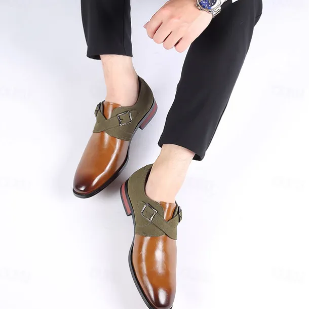 Men's Two-Tone Faux Leather and Suede Monk Strap Shoes – Elegant Buckle Dress Shoes for Formal Occasions