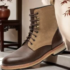 Men's Two-Tone Lace-Up Ankle Boots | Faux Leather and Suede Design for Casual and Outdoor Wear