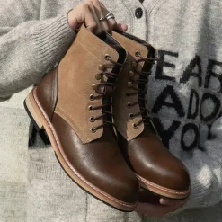 Men's Two-Tone Lace-Up Ankle Boots | Faux Leather and Suede Design for Casual and Outdoor Wear